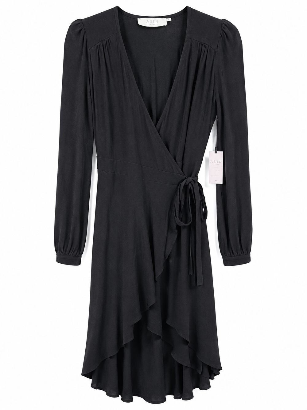 ASTR The Label NWT Black Silk Blend Wrap Midi Dress Ruffle Long Sleeve Chic XS